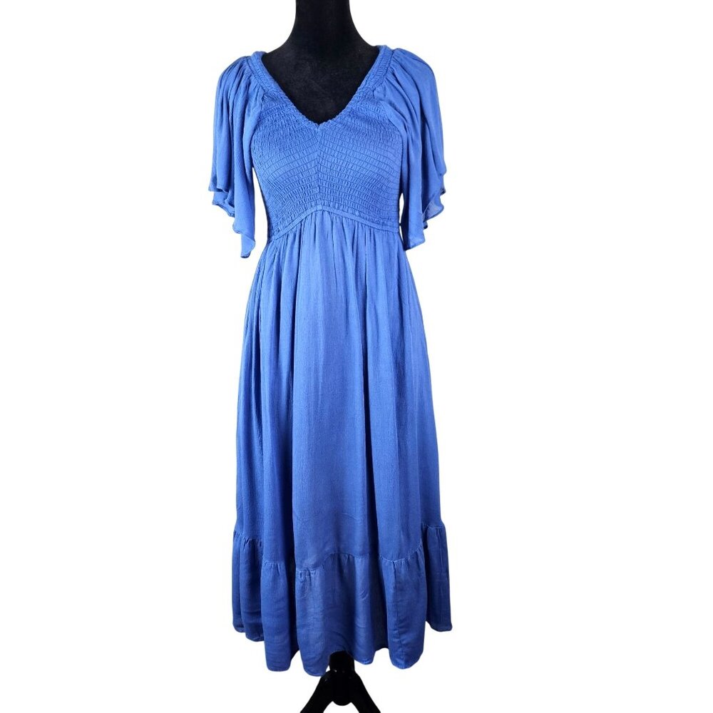 R.Vivimos Womens Size Small Midi Dress Flounce Sleeves Shirred Bodice Casual